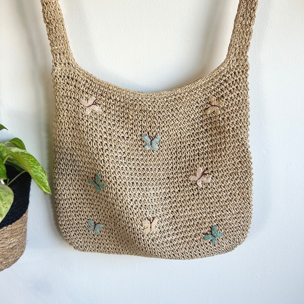 Woven Straw Butterfly Embroidered Boho Hobo Shoulder Bag Tan Pastel Cottagecore